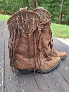 Rockin Country Leather Boho Fringe Cowboy Boots Size 8